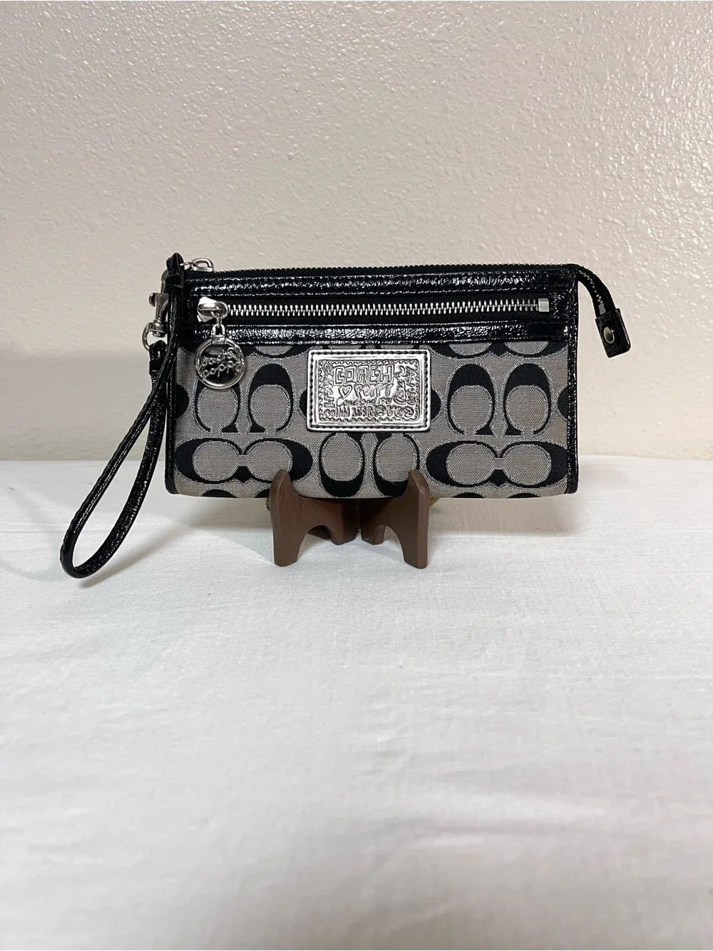 Coach Poppy Black and Gray Signature Wallet Wristlet with Leather Trim